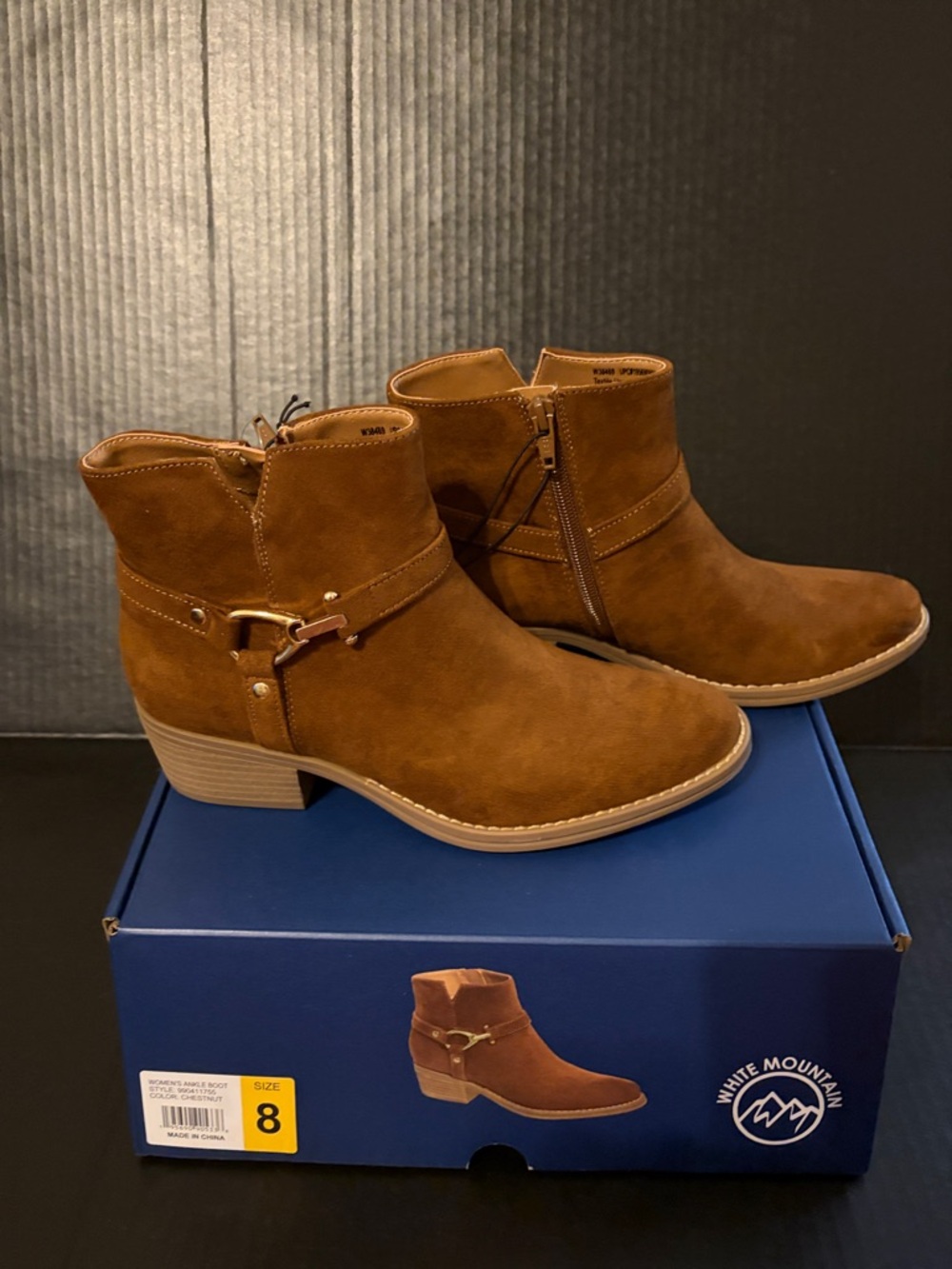 White Mountain Chestnut Suede Ankle Booties with Buckle Detail